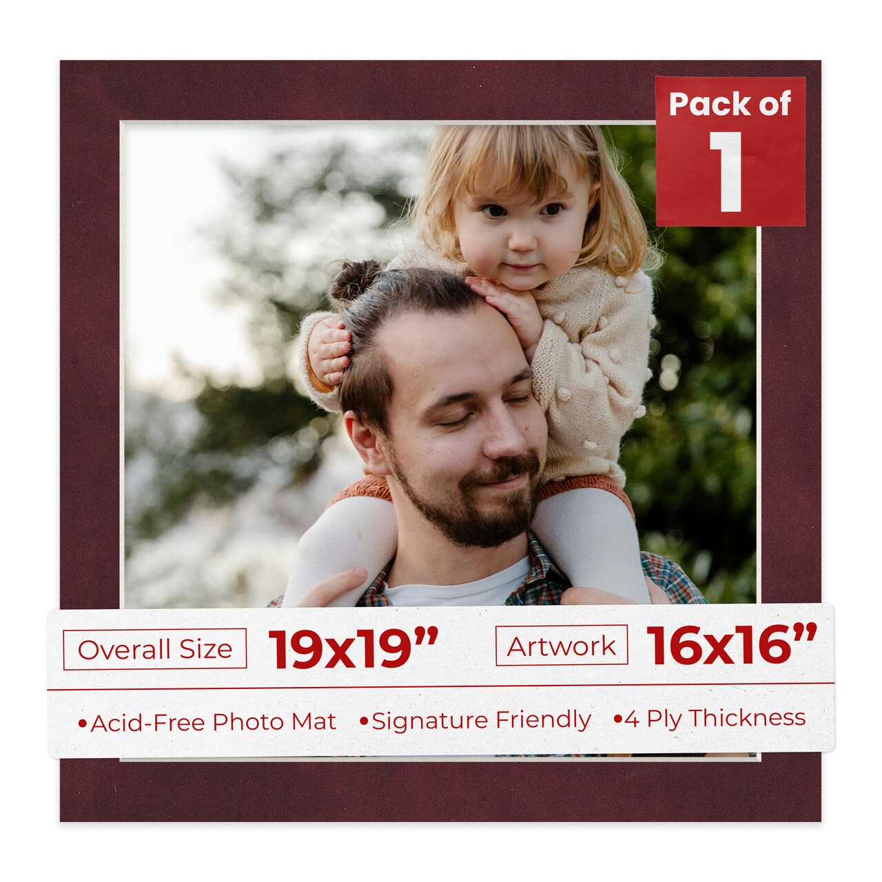 Dark Red Suede Mat Board for 19x19 Frames - Fits 16x16 Photos